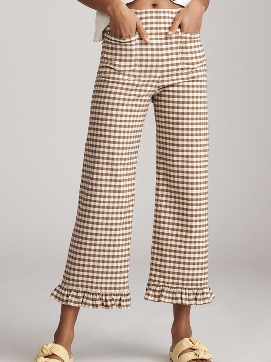 Maeve Pants - Maeve The Colette Brown and White Gingham Wide-Leg Ruffle-Hem Pants Size 32